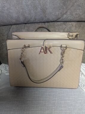Anne Klein Beige Braided Boxy Satchel | Woven Texture Top Handle Bag with Gold
